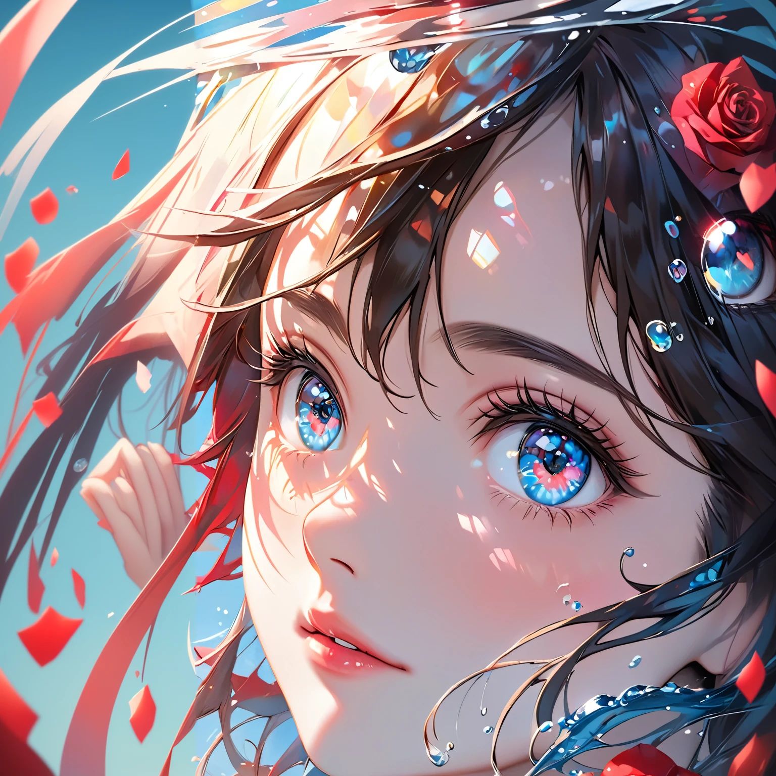 Blue-eyed anime girl and red roses in water, detailed Digital Animation Art, Anime Art Wallpaper 4K, Anime Art Wallpaper 4K, anime art wallpaper 8 k, Anime style 4k, Stunning anime face portraits, Anime Wallpaper 4K, Wallpaper Anime Blue Water, Anime Wallpaper 4K, Digital Animation Art, Beautiful anime portrait, Detailed portrait of anime girl
