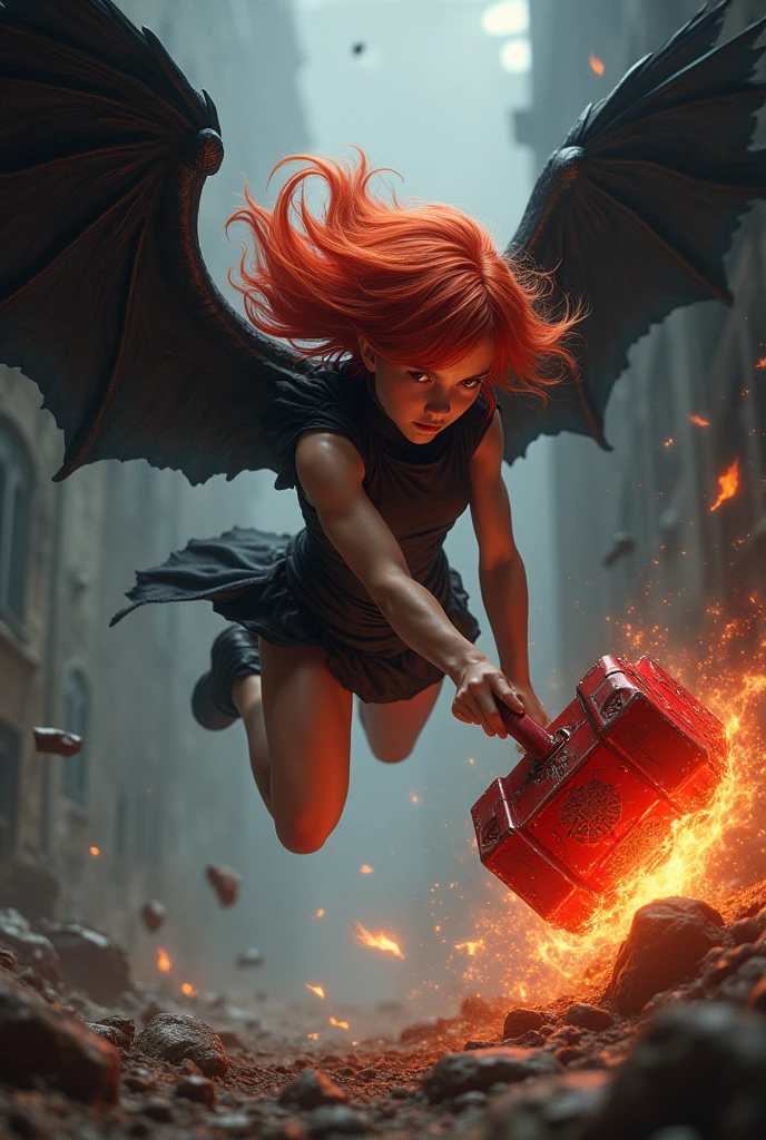Teenager with long red hair and black wings, jumping on top of his opponent holding a red hammer