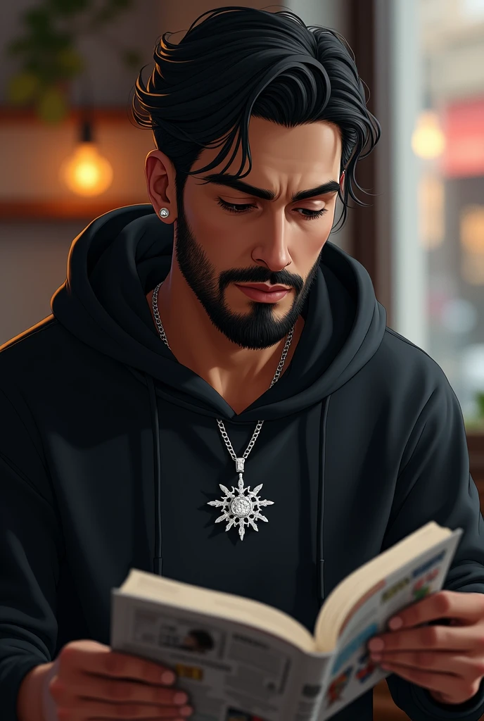 Un garçon algérien 20 ans avec une coupe de cheveux de midpart chargé et une barbe noire, yeux marrons avec un collier d'un flocon de neige comme une étoile en argent, et porte une capuche noire et et des écouteurs autour de son cou et lit un manga de anime
Il porte pas de boucle