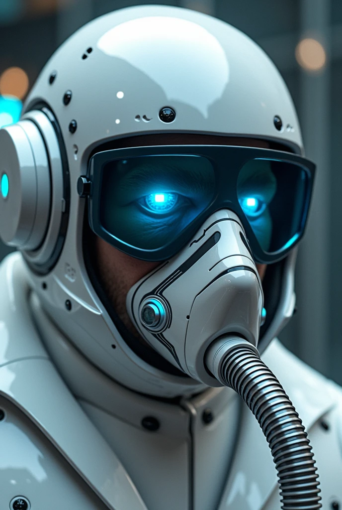 1 man, silver motorcycle helmet, snorkeling mask, portrait close up. Silver two pipe tube from mouth to head. Future design.. high tech. Wear google safety eyes glowing blue. The tube connect from head to mouth. Future headphone design blue led light detail.