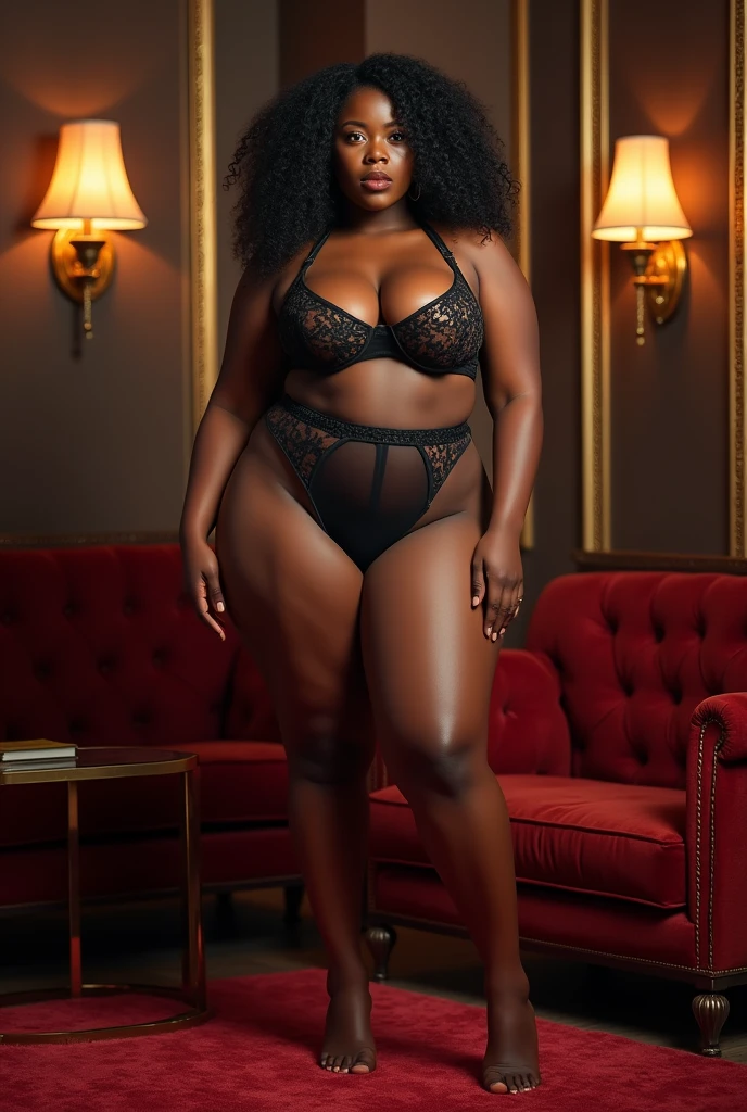 (photorealism:1.2)  ebony Beautiful women&#39;s feet exuding power and wealth as a findom persona dark skinned toned plus size thick chubby woman naked bdsm style full image backgrounis a high end setting luxury decor rich and wealth