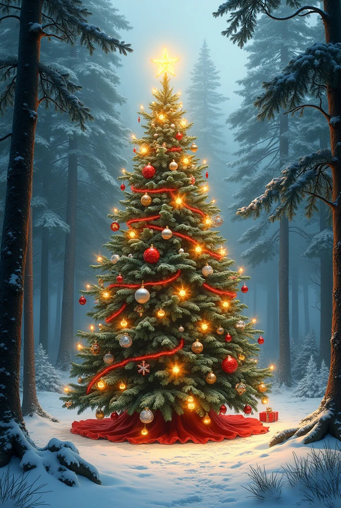 (photorealism:16.9), realistic fairytale Christmas tree in the forest under the snow, warm colors, by Greg Rutkowski, by Alphonse Mucha