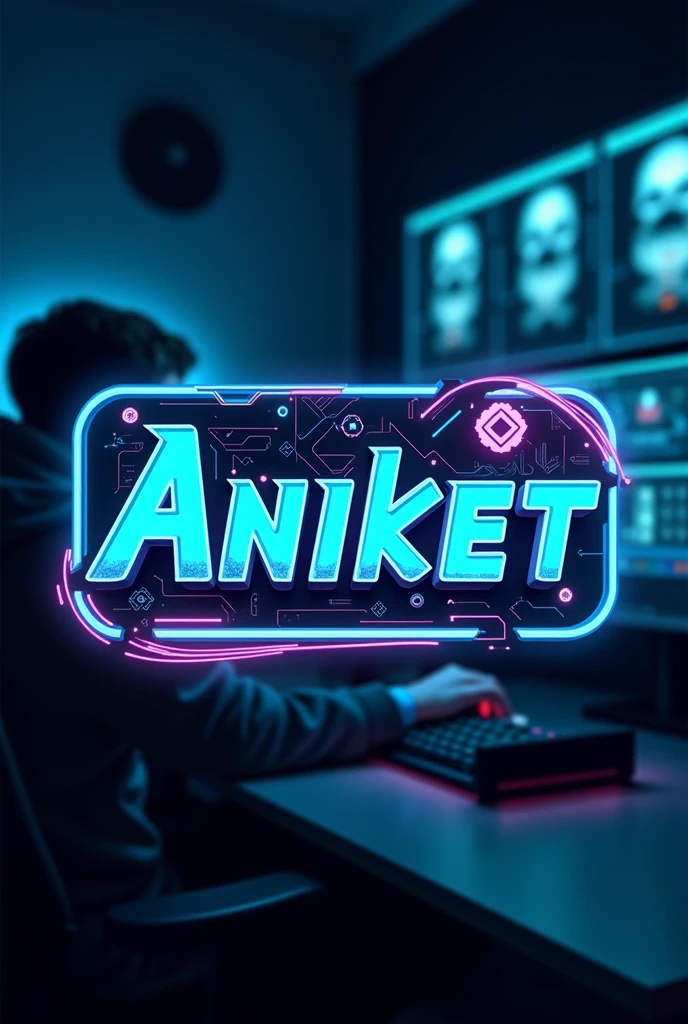 This is a gaming logo that features the name "Aniket" in a futuristic font and a neon Blue colour.and boy anime avatar, the logo also has a stylized controller icon the logo is designed to be attracting and eye-catching,and to apeal to gamning enthusias.in rectanular shape. This background have gaming set up.