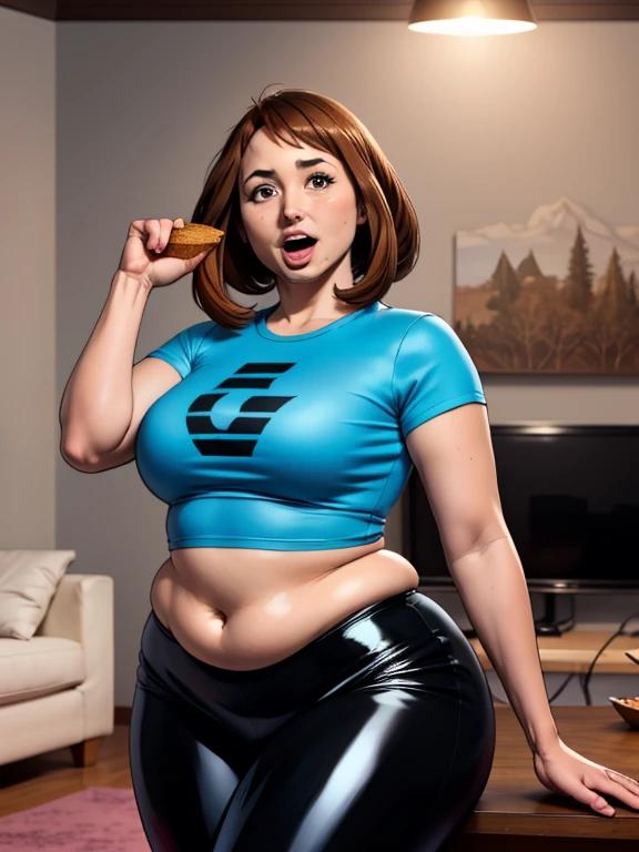 high quality, best quality, beautiful, perfect lighting, detailed face, mature face, ((1girl)), ((solo)), Imagine Ochaco Uraraka as an adult, 45yo, mature face, fat face, chubby cheeks, slight wrinkles around the face, motherly, mom, MILF, plus sized milf, short brown hair, brown eyes, excited, cheering on, open mouth, looking at viewer, ((Wearing: dark blue shirt,black leather pants and white heels), ((motherly breasts)), wide hips, thick thighs, chubby, love handles, muffin-top, round belly, living room, right arm raised in the air, hands clenched into a fist
