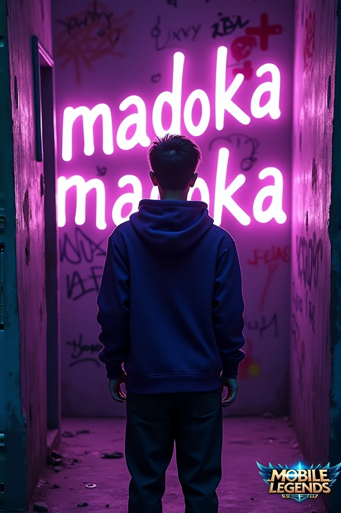 A gaming profile picture of a dark neon purple and green background full with dark graffiti with the text "MADOKA" in white, stylized text. The text is placed on the back of a player wearing a dark purple hoodie. The player is standing in a dimly lit room with purple walls. There is the Mobile Legend logo in the corner.