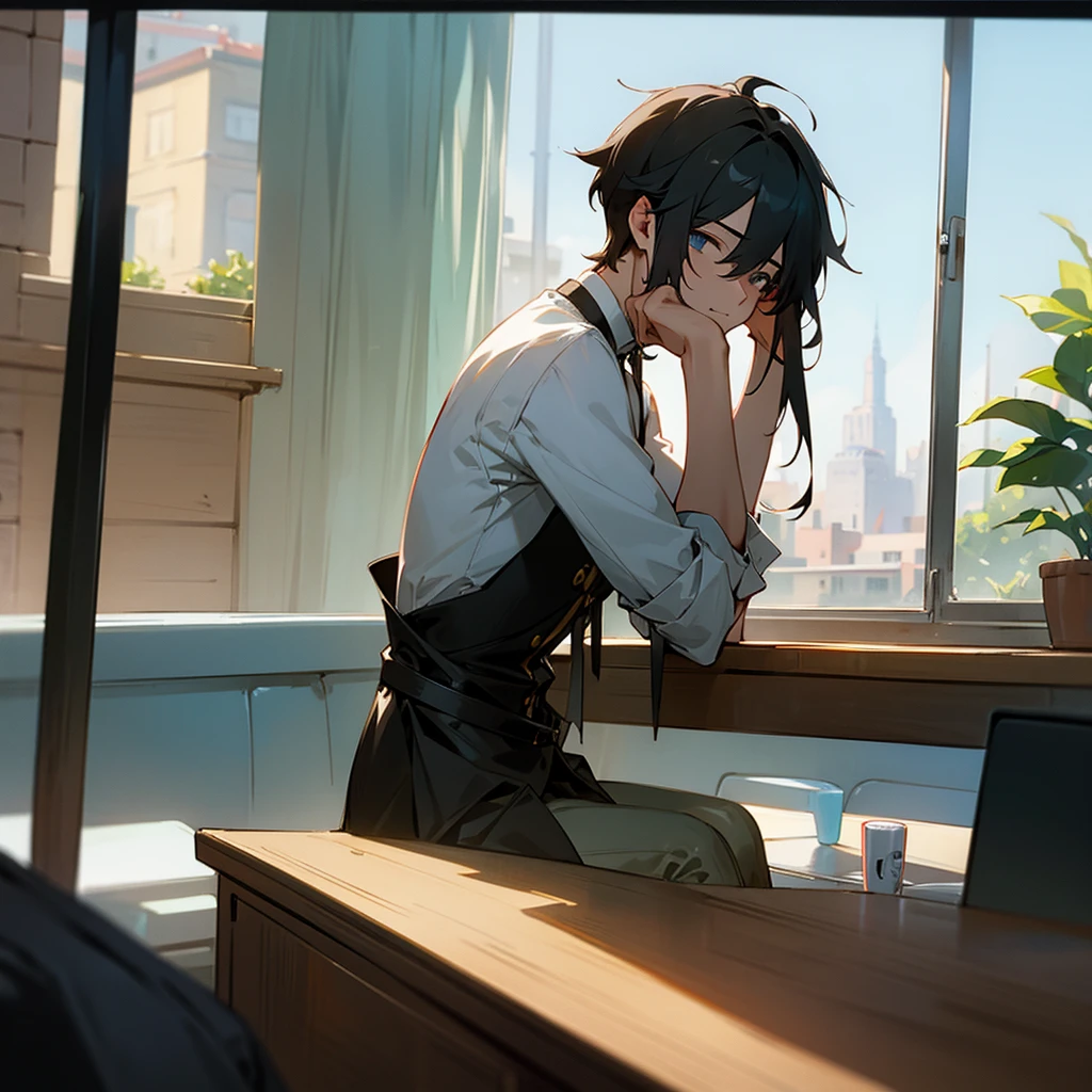 The male protagonist holds his head in the cafe and waits for the female protagonist. The camera is outside the window.