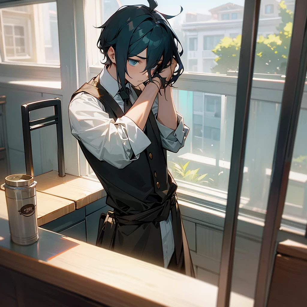The male protagonist holds his head in the cafe and waits for the female protagonist. The camera is outside the window.