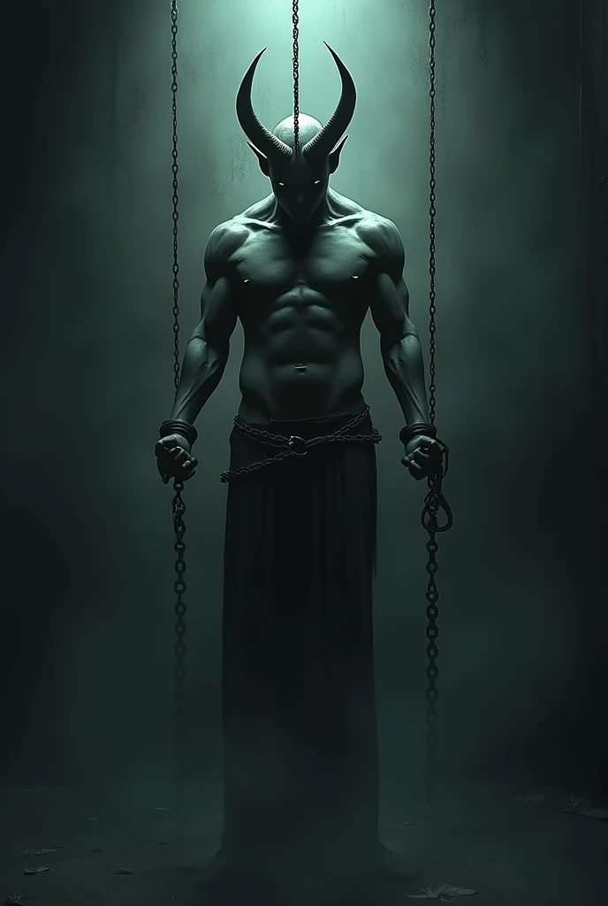 Human chained by the hands and with horns on the head and hanging