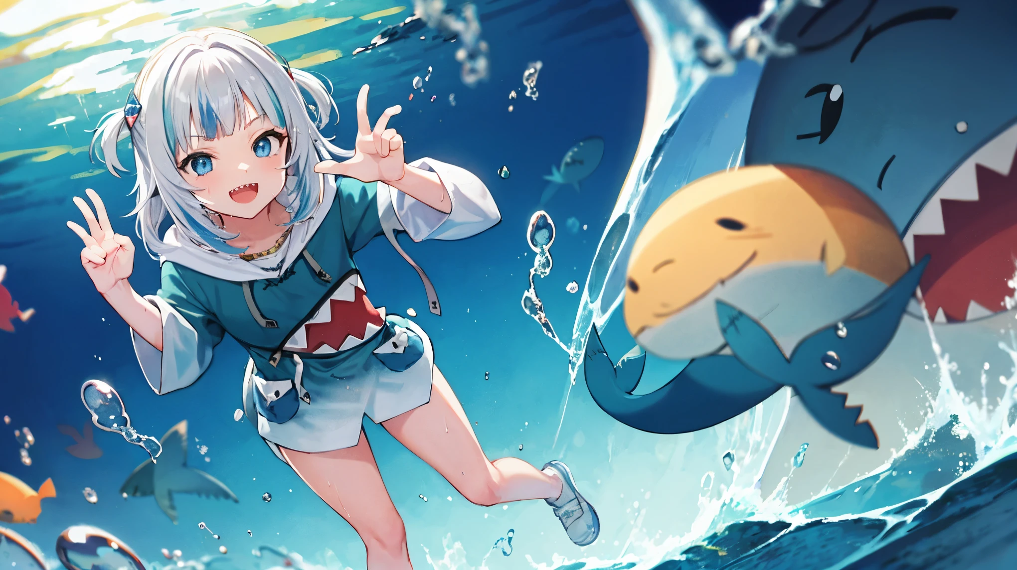 2d, masterpiece, best quality, anime, highly detailed, full body, 1girl, solo, gura_hoodie, blue hoodie, shark hood, standing, :d, sharp teeth, in_deep_sea_background , underwater_landscape,,bubble.happy,dynamic_floating_pose,rise_hands,open_legs, naked_legs,wet,claw_pose,tail,evil_smile,