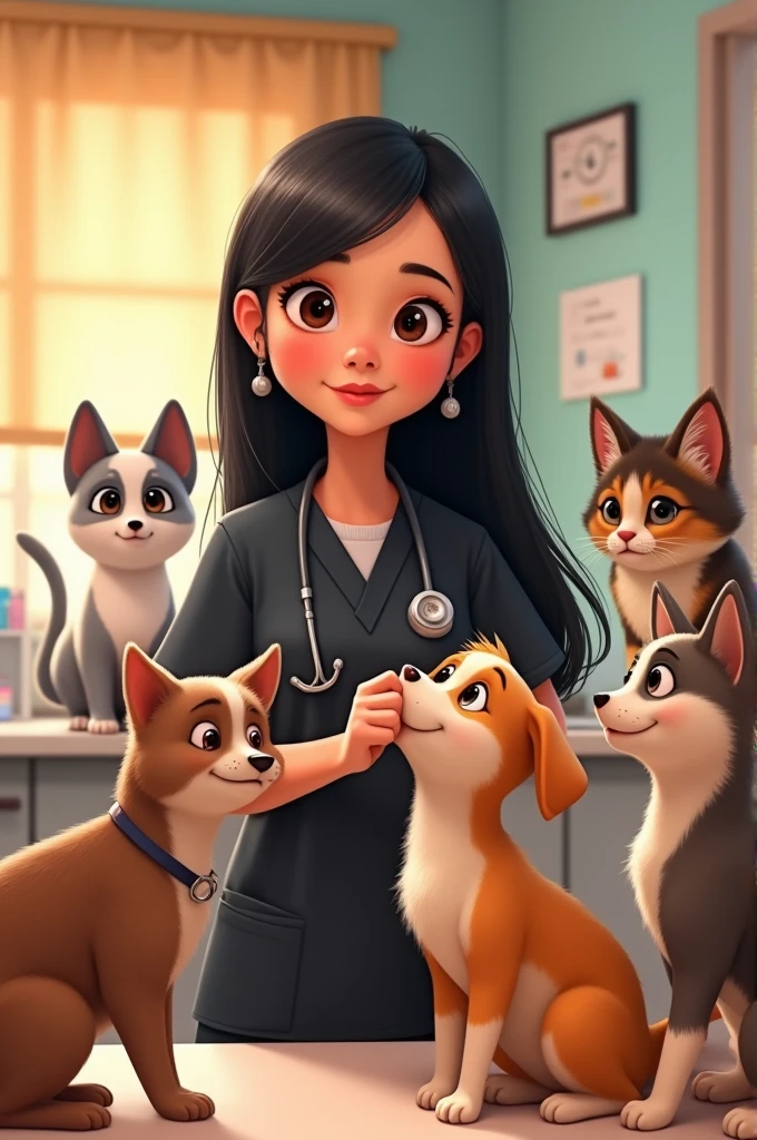 Pixar Cover Veterinarian girl with long straight black hair all straight hair down hair parted from the middle with no bangs on head ,black doctor pajamas , small lips, Wide nose, small eyes ,  and with animals 