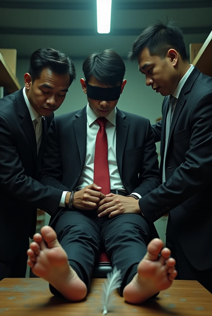 Malaysia malay handsome 19 years 
His handcuff  in warehouse 
Blindfolded
Black Suit and Red tie
feet on desk
feather
A pair of Nike shoes on desk 
5 toes each feet 
Black sock
Smoke effect at sole
2 man tickle his feet
1 man take off  his socks
1  man holding feather tickle his feet 
He laugh very hard