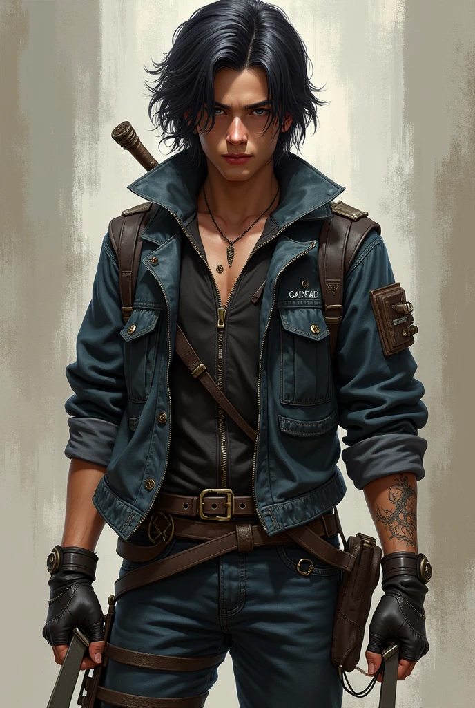 A short rogue with a young man's face, medium to long hair, who uses two daggers, has a sarcastic smile on his face,