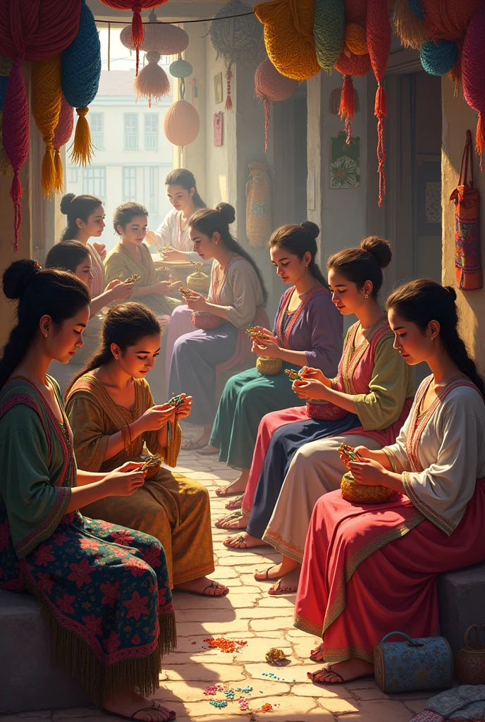 group of women knitting, others embroidering and others selling