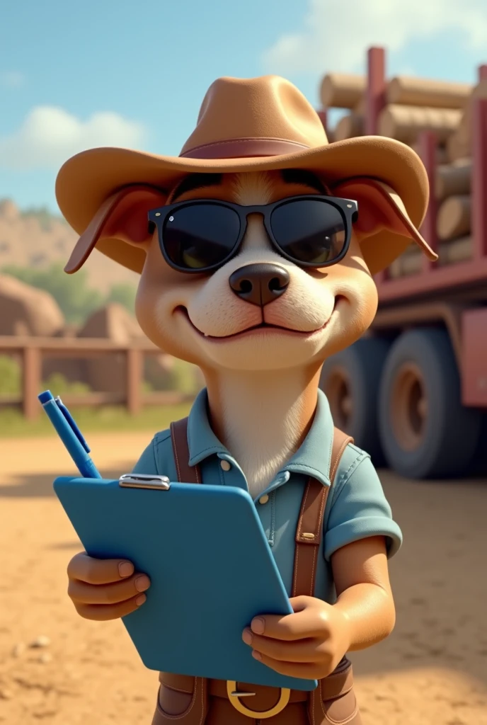 Light brown pitbull dog, Light brown eyes, black sports sunglasses, brown cowboy cap , shirt blue, using blue clipboard and blue pen. Truck with timber in the background in an open yard, 4K, Disney style.
