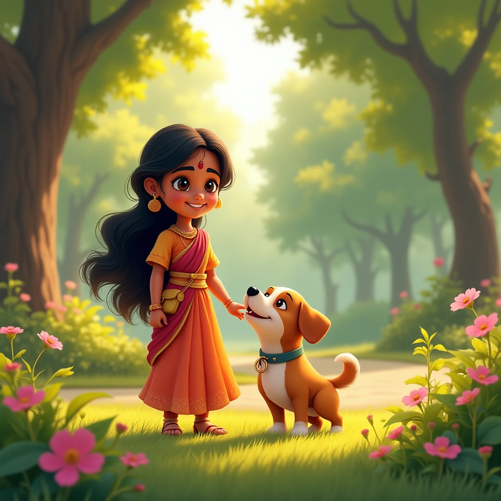 A 1 girl with Indian face in a park with a dog