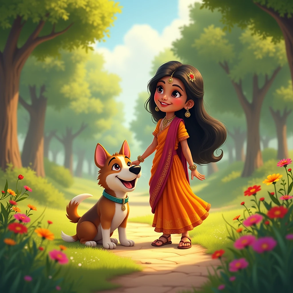 A 1 girl with Indian face in a park with a dog