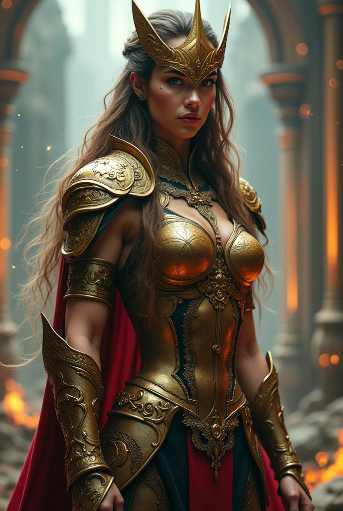 a warrior woman with a golden mask, detailed face, long flowing hair, strong muscular body, combat armor, dramatic pose, mystical fantasy landscape, glowing magical effects, vibrant colors, cinematic lighting, epic, dramatic, highly detailed