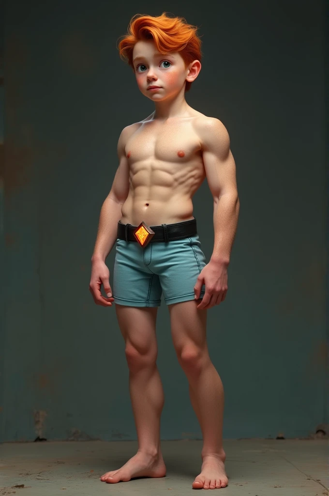 Realistic full length image muscular white boy shirtless red hair freckles barefoot wearing very tight light blue bulging speedo black leather belt with diamond shaped glowing electrical sparking belt buckle pulled tight around waist flexing muscles.