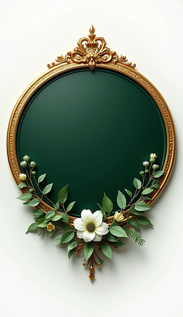Make me a very elegant and decorative circle, that reflects social status and royalty, The circle must have an elegant gold border., with some mini cemented flowers placed, The background of the circle should be dark green, and the whole circle, must be on a white background. The flowers of the curculos must be green and gold and very, very small.