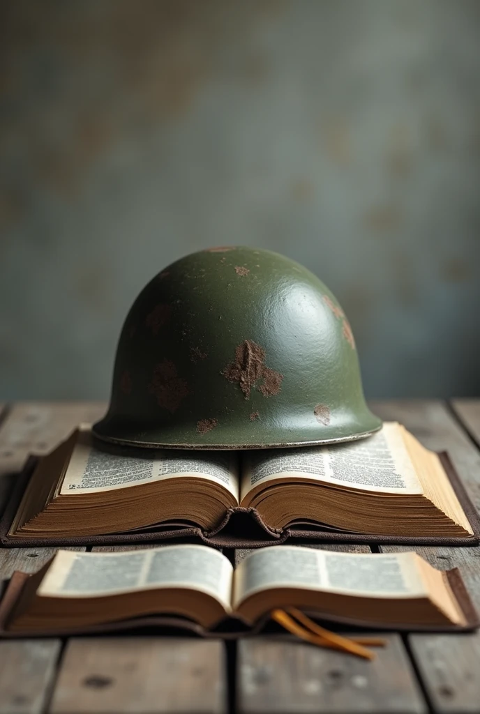 A military helmet on a Bible 