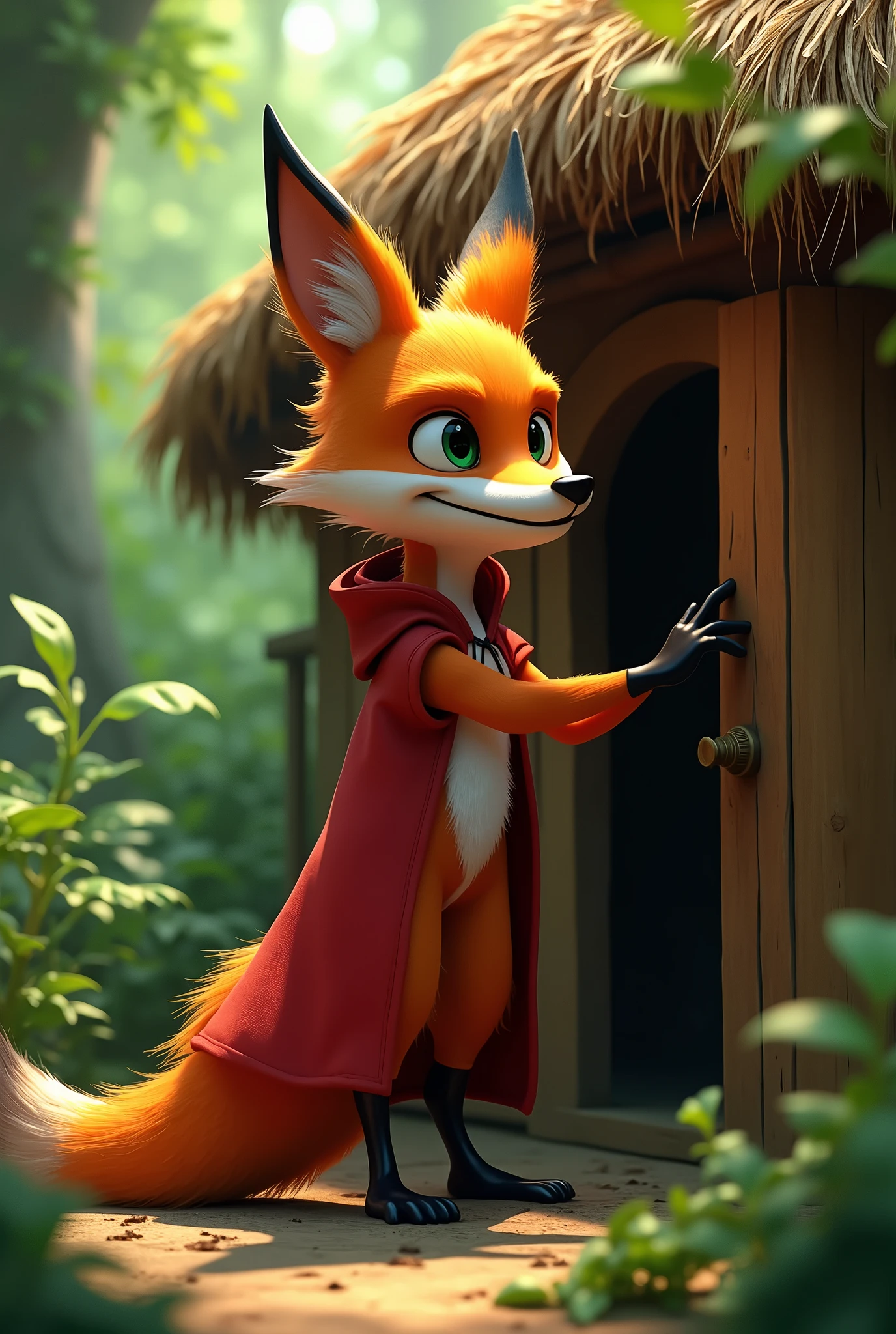 closeup 3D illustration, (1male fox:1.2), (sinister yet playful expression:1.5), dangerously playful, dark humour, wearing a red cape and a red hoodie standing on its too feet like a cartoon character, creepy pose, lean build, (disproportionate body long nose and mouth), (smiling notoriously with expression of plotting something, scheming look, up to no good, mischievous intent, sinister, playful but dangerous, naughty and scary), (realistic fur texture), (jungle background:1.4), standing and knocking the wooden door of a straw house, wooden door, straw house, sunlight filtering through the trees, (soft lighting:1.3), (green and earthy color scheme:1.3), (highly detailed), (ultra quality:1.3), (masterpiece), (digital art), 8K resolution, HDR, depth of field, (soft shadows), (photorealistic:1.3), (animation:1.2), (by Greg Rutkowski:0.9), (in the style of Alphonse Mucha), trending on ArtStation, award-winning art