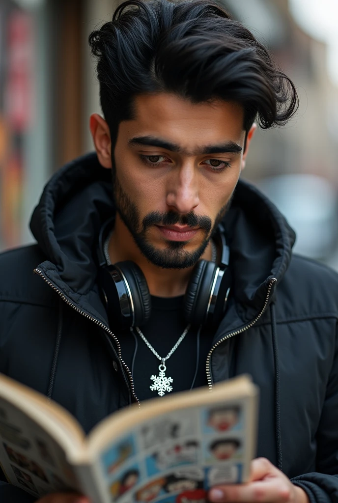 Un garçon algérien 20 ans avec une coupe de cheveux de midpart chargé et une barbe noire, yeux marrons avec un collier d'un flocon de neige comme une étoile en argent, et porte une capuche noire et et des écouteurs autour de son cou et lit un manga de anime et il ne porte pas de boucle