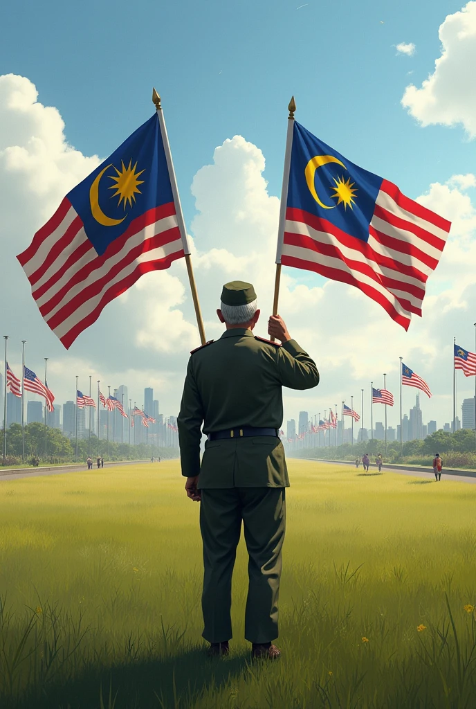 elderly retired military man holding Malaysian and Sabah flags standing in the middle of a field looking at a peaceful city with many Malaysian flags
