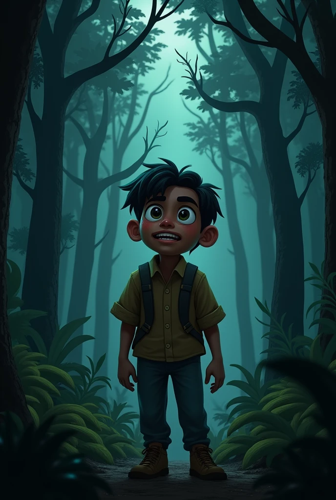 make a cartoon style indigenous boy running desperately through the forest at night
