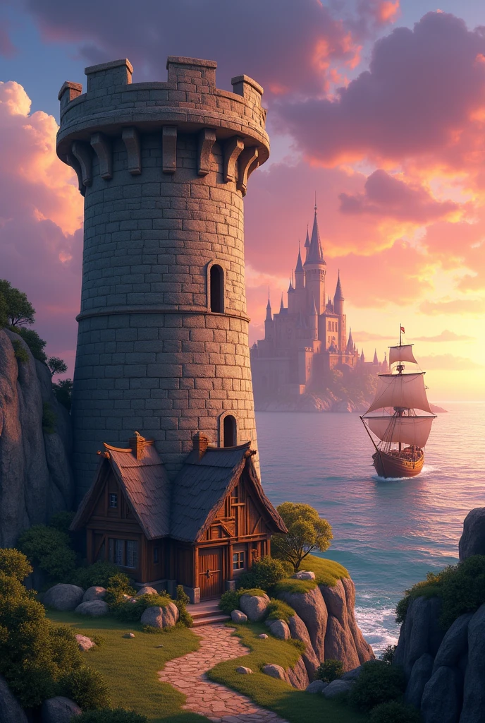 Create a landscape with a tall, rustic, rocky tower with a single door at the top of the tower (Tangled movie style) near a rustic house , In the background an ocean with a pirate ship floating  , a castle further in the background near a sunset