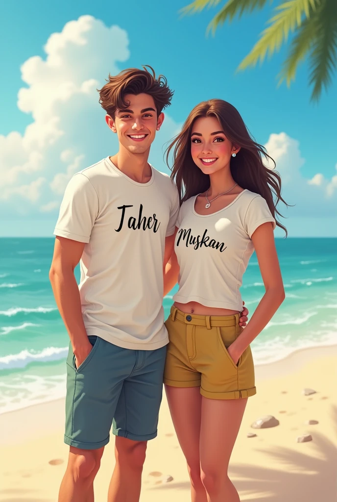 Young couple enjoying at beach boy name written on t shirt taher and girl name is written on t shirt muskan