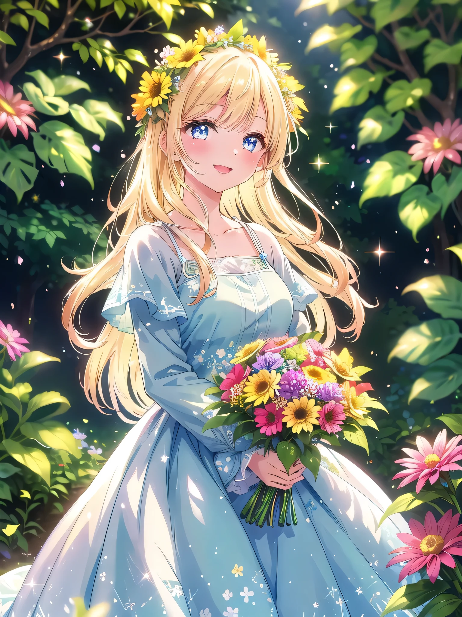 ((8k, Highest quality, masterpiece: 1.3)),Ultra-high resolution,(1 girl, alone), (Color changing eyes, Ultra-detailed, Expressive brilliance, Glitter, Glowing Eyes), Highly detailed eyes, Highly detailed face, Random Hair, ((pastel colour)) Illustrate a radiant woman standing in a sunlit garden, holding a vibrant bouquet of wildflowers with a variety of colors—yellows, purples, and blues. The garden is in full bloom, with lush greenery and flower beds surrounding her. She has long, straight blonde hair and is wearing a light, flowy sundress in a pastel blue color, with subtle floral prints that match the garden setting. She is laughing joyfully, her eyes squinting slightly from the bright sunlight, and she’s reaching out with the bouquet towards the viewer as if sharing her joy. The background is softly blurred, focusing on her and the flowers, with gentle sunlight filtering through the leaves, casting dappled light across the scene. Light flares and bokeh effects add a magical touch to the image.