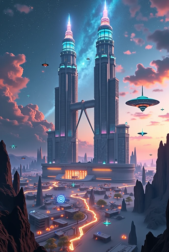 (Best quality,8K,High resolution),ultra-detailed,(real,realistic,realistic:1.37),Combination of future technology and Middle Ages,(Medieval city full of high technology) twin towers of kuala lumpur, outer space landscape amazing high-tech, plasma thruster-powered warp drive,advanced space station,luminous hologram,sky full of starry floating islands),future- tech,Luxurious architectural design,Awesome futuristic cityscape,Advanced spaceship,Flying drone , Transparent domes, Suspended parking lots, towering skyscrapers, energy shields, Flashing neon lights, huge spaceports, Interstellar travel, cosmic energy fields, Alien flying saucers, Interstellar exploration ,Epic sci-fi atmosphere, Artificial Intelligence Integration , powerful energy beam, Otherworldly aesthetics, Cosmic phenomenon, Zero gravity environment, Magnificent space body, Pulsating Energy Core, majestic control center, dramatic celestial background, Captivating future skyline, High-tech infrastructure, cosmic jump gate , Beyond technology, Advanced earth formation, Interstellar civilization, The possibilities are endless.