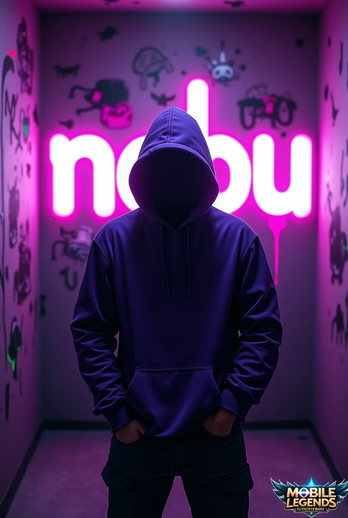 A gaming profile picture of a dark neon purple and green background full with dark graffiti with the text "NOBU" in white, stylized text. The text is placed on the back of a player wearing a dark purple hoodie. The player is standing in a dimly lit room with purple walls. There is the Mobile Legend logo in the corner.