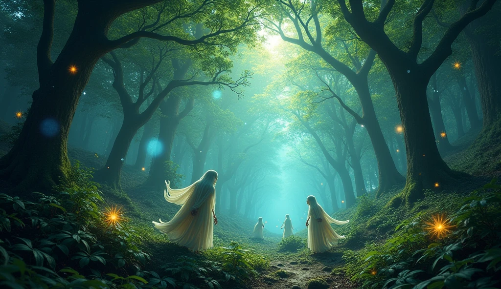 a mysterious forest with glowing leaves on the trees, floating lights, and magical creatures flying around, detailed fantasy landscape, cinematic lighting, lush greenery, surreal atmosphere, photorealistic, 8k, highly detailed, dramatic shadows, vivid colors, ethereal, fantastical, dreamlike, enchanted, magical realism
