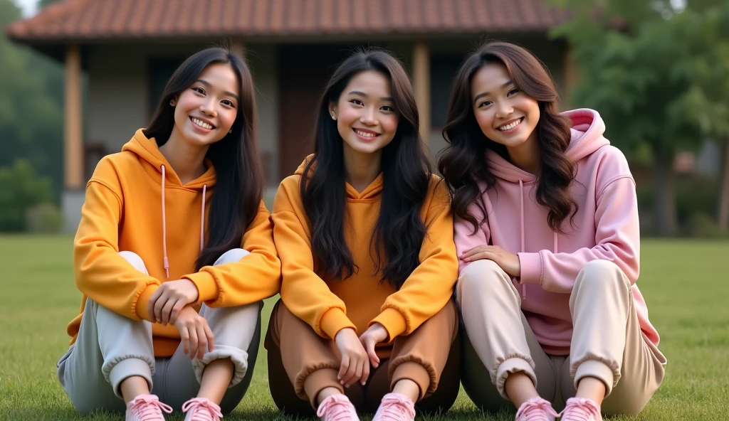 3 Beautiful Indonesian Women, his body is quite fat, fair skin, big nose, long wavy hair, wear a hoodie, long pants, wearing pink sneakers, squatting on the grass, his hands in front, happy faces all facing the camera, in front of the country house, morning mood, minimal defects, very detail, realistic, 8K picture
