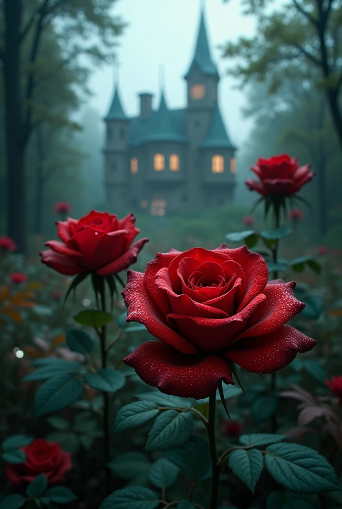 Dark red roses with a school in the background in the middle of the forest with magic effects