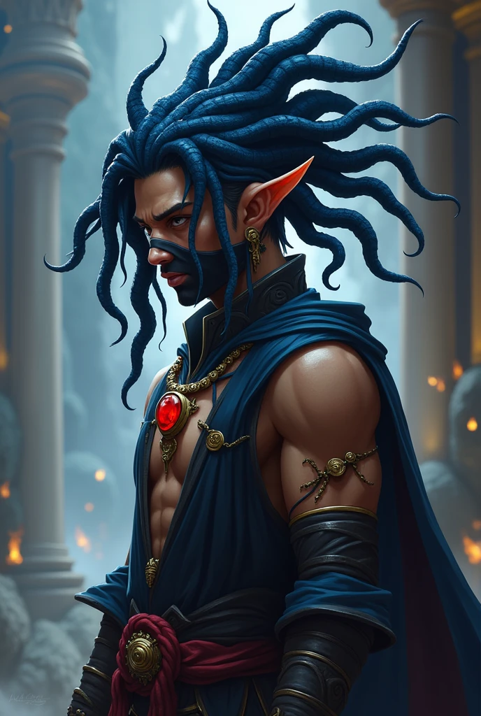 League of legends style, dark blue dreadlocks in the shape of tentacles, ancient warrior clothes, emperos clothes, masculine, young man without many muscles, no beard, human ears, white clothes, pingente de joia amarela no pescoço, roupa que mostra o corpo. Sem a capa e sem a manga