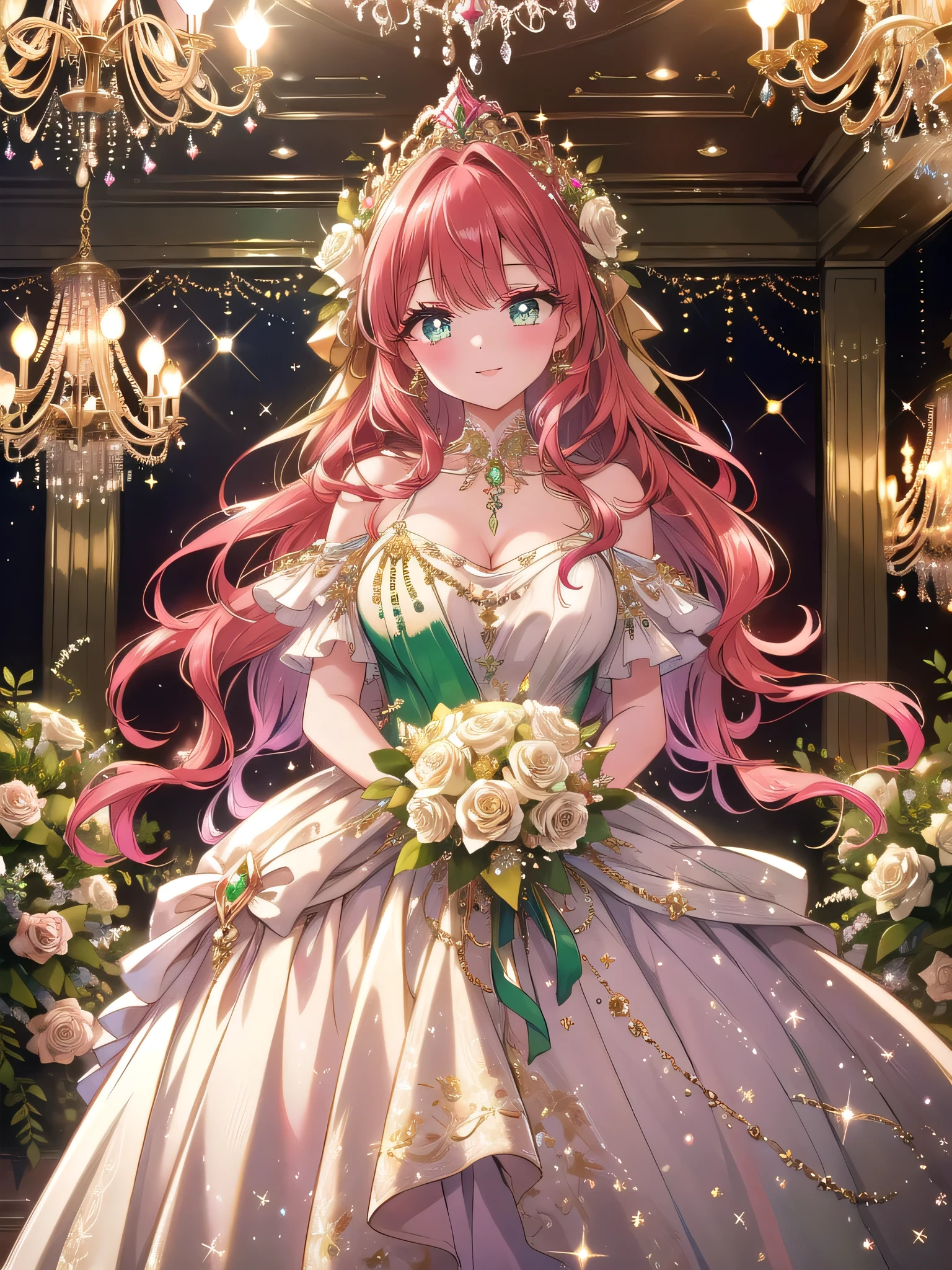 ((8k, Highest quality, masterpiece: 1.3)),Ultra-high resolution,(1 girl, alone), (Color changing eyes, Ultra-detailed, Expressive brilliance, Glitter, Glowing Eyes), Highly detailed eyes, Highly detailed face, Random Hair, ((pastel colour))Create an image of a woman standing in a grand, elegantly decorated indoor space, like a luxurious hotel lobby with marble floors, grand chandeliers, and opulent floral arrangements. She is holding a lavish bouquet of white and pink roses with lush green foliage. The woman has shoulder-length auburn hair styled in soft waves and is wearing an elegant, fitted dress in a deep emerald green with subtle gold accents. Her expression is one of genuine surprise and delight, eyes wide and sparkling as she looks towards the camera, her smile warm and inviting. The overall lighting is soft and warm, with the chandelier lights casting a gentle glow, and sparkling effects are subtly scattered throughout to enhance the celebratory mood.