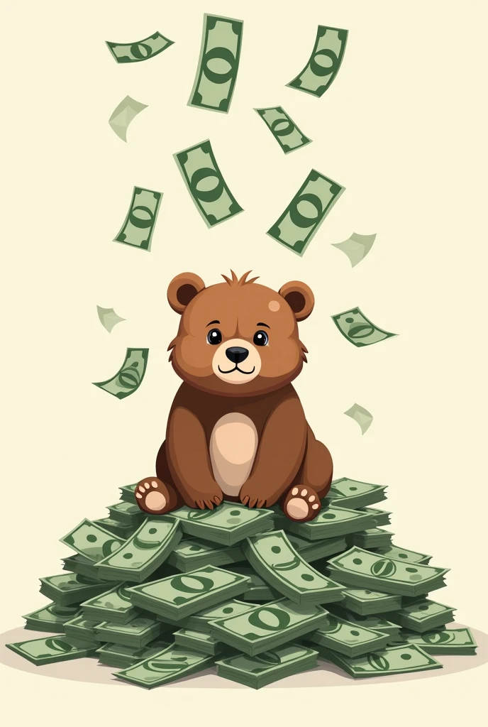 Vector image of a baby bear sitting on a pile of dollars and with several bills falling from above. The bear is brown and has a serious face.