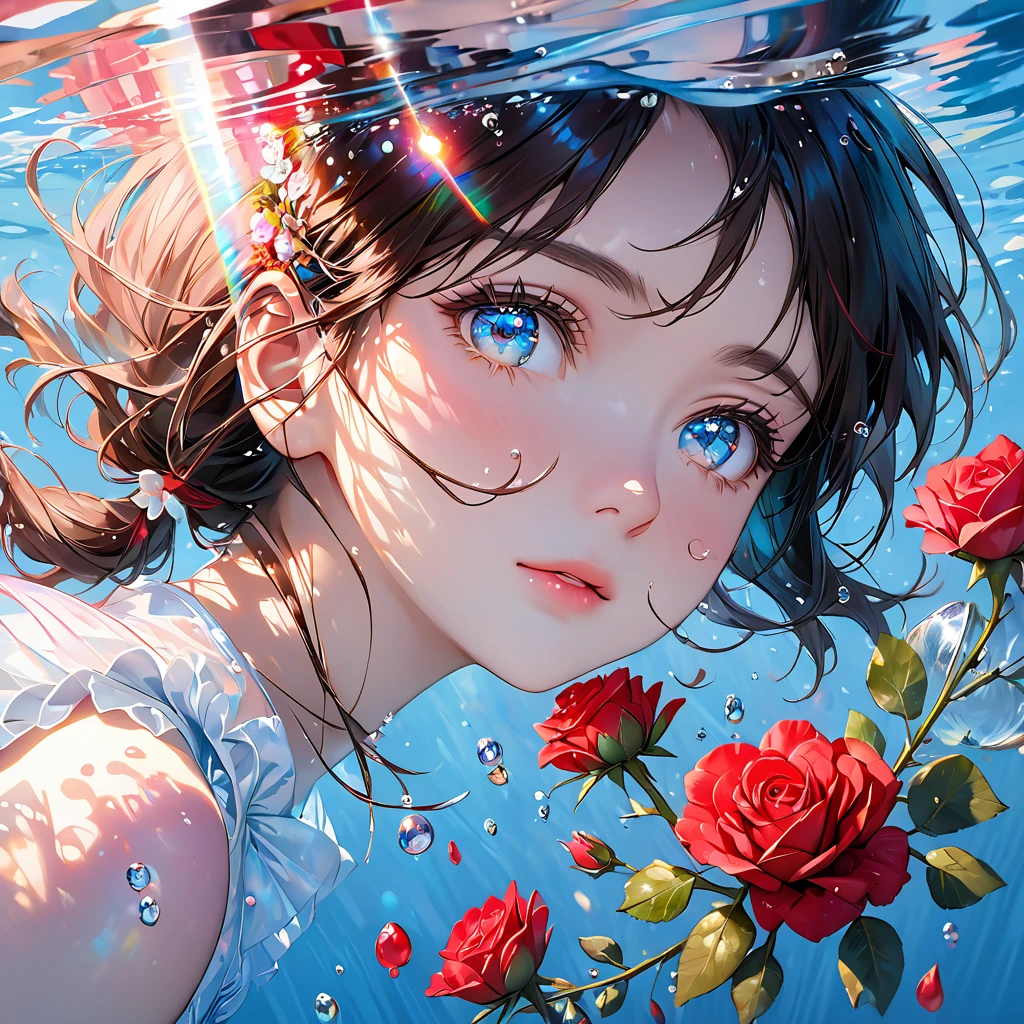 Girl swimming underwater,Ultra-detailed rendering style,shine,Rose red,Light Blue,brush,ultrarealism oil painting,Shining eyes,Head close-up,Exaggerated perspective,Tyndall effect,Water Drop,Flowers,Pearl oyster rainbow color,Holographic white,black background,