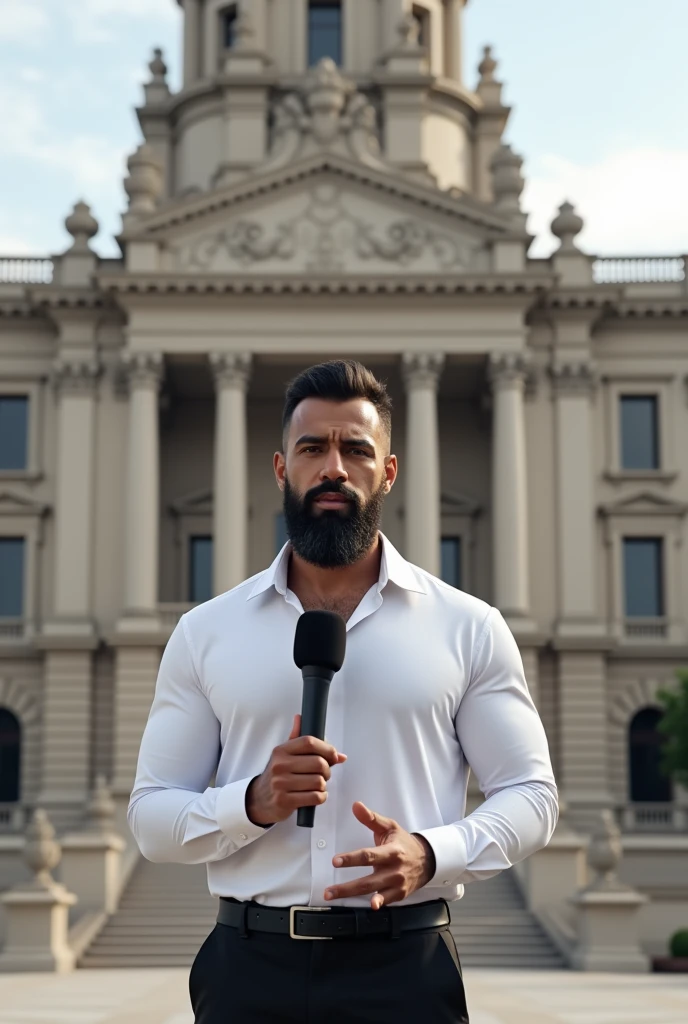 There is a muscular, bearded, mixed-race Brazilian man in a white dress shirt, black naughty underwear, microphone in hand, looking at a cameraman, gesturing,in a TV news, in front of a large building, peru, royal Palace, parliament, peruvian, peruvian looking, proportionate, Julia Fontes, Palace, quito school, an intermediate front shot, monumental giant Palace, Mexico City, freddy mamani wild facade, jorge lacera, Gita, chilean, Refik Anadol, central shot.