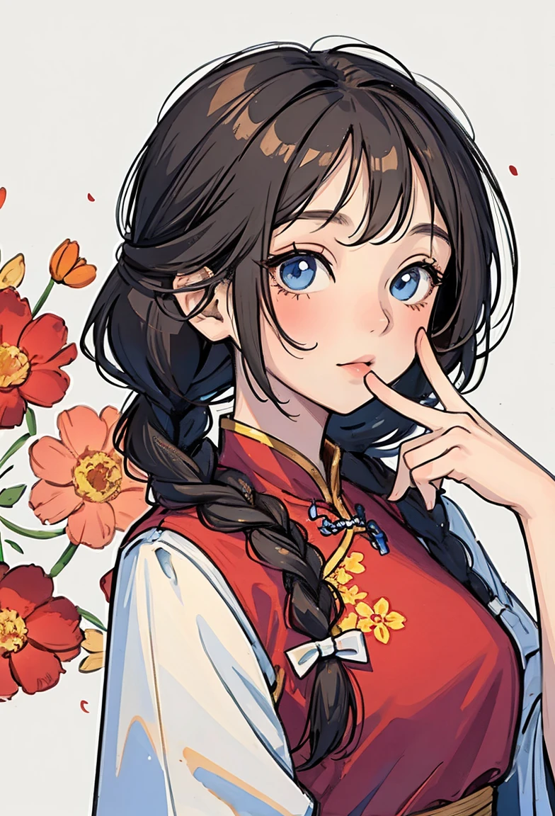 (masterpiece, best quality:1.2), watercolor,cartoonish character design。1 girl, Solitary,big eyes,Cute expression,Two braids,cheongsam,portrait,interesting,interesting,Clear lines,Leave blank,
