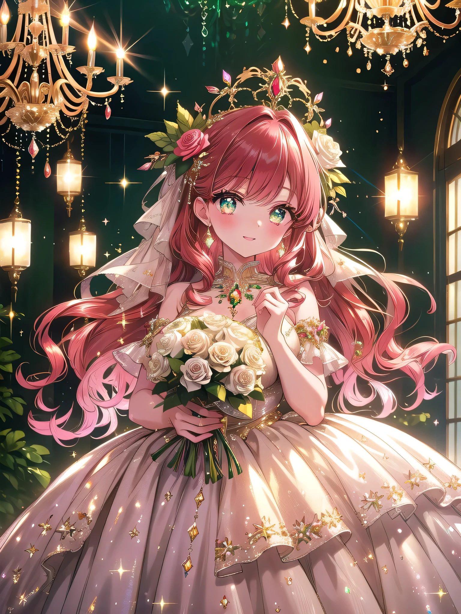((8k, Highest quality, masterpiece: 1.3)),Ultra-high resolution,(1 girl, alone), (Color changing eyes, Ultra-detailed, Expressive brilliance, Glitter, Glowing Eyes), Highly detailed eyes, Highly detailed face, Random Hair, ((pastel colour))Create an image of a woman standing in a grand, elegantly decorated indoor space, like a luxurious hotel lobby with marble floors, grand chandeliers, and opulent floral arrangements. She is holding a lavish bouquet of white and pink roses with lush green foliage. The woman has shoulder-length auburn hair styled in soft waves and is wearing an elegant, fitted dress in a deep emerald green with subtle gold accents. Her expression is one of genuine surprise and delight, eyes wide and sparkling as she looks towards the camera, her smile warm and inviting. The overall lighting is soft and warm, with the chandelier lights casting a gentle glow, and sparkling effects are subtly scattered throughout to enhance the celebratory mood.