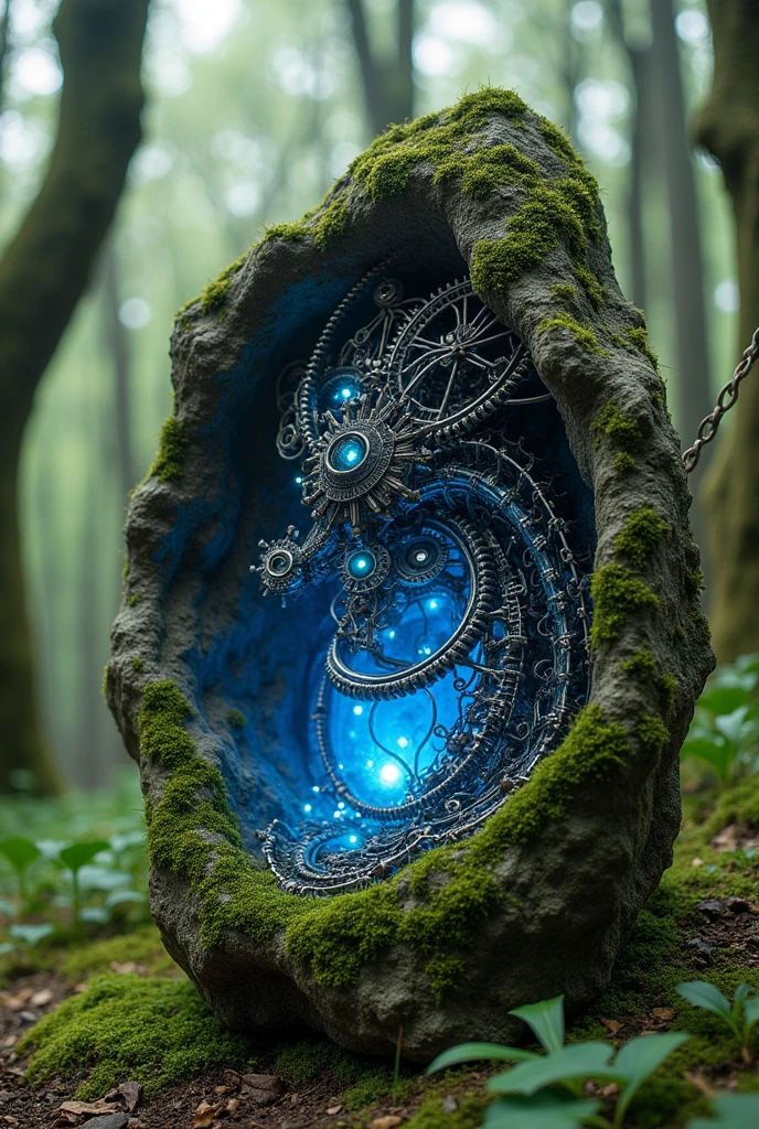 Wire-gear Art、Surreal、Wire-gear sculpture in the forest、Wire-gear sculpture carved into stone、Sculpture that defies the laws of physics、indaco art、Moss-covered sculpture、few soft blue led lights generate art effect