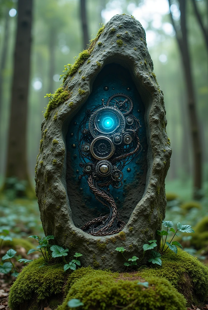 Wire-gear Art、Surreal、Wire-gear sculpture in the forest、Wire-gear sculpture carved into stone、Sculpture that defies the laws of physics、indaco art、Moss-covered sculpture、few soft blue led lights generate art effect