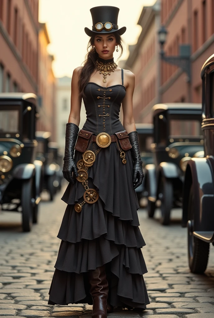 Portray a stunning (((Indian woman))) with a rich brown complexion in an exquisite, ((mud-drenched)) steampunk gown with layered textures and a corset, drawing from historical fiction. She wears a magnificent brown hat with a feather, leather brown boots, and a fashionable parasol. Ensure the mud on the dress is clear and visibly dripping. Set against a gritty, (((dirty))) steampunk city background. Ensure the overall look is grand, bold, and breathtakingly beautiful
