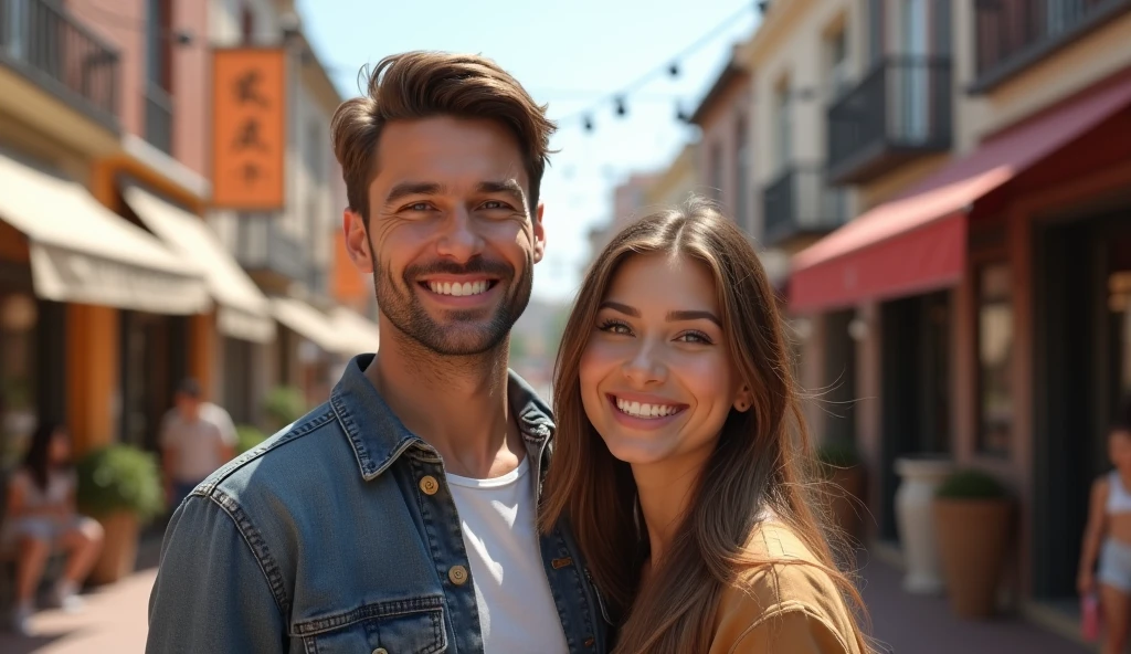 There is a shadow、Photorealistic、Ultra HD、A man and woman couple smiling、In town、Front view