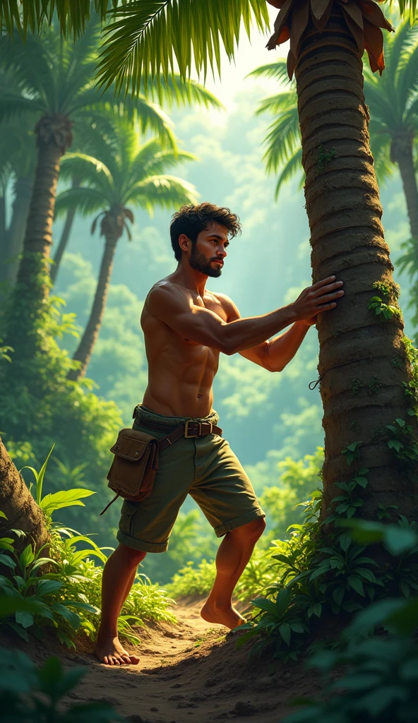 Adult boy on the forest cutting the palm tree