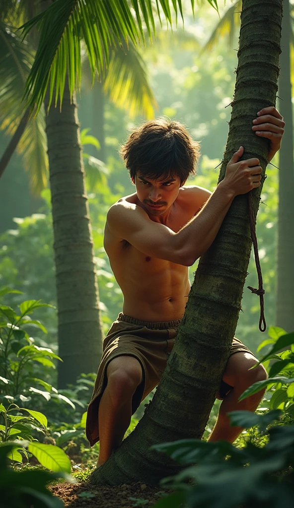 Adult boy on the forest cutting the palm tree