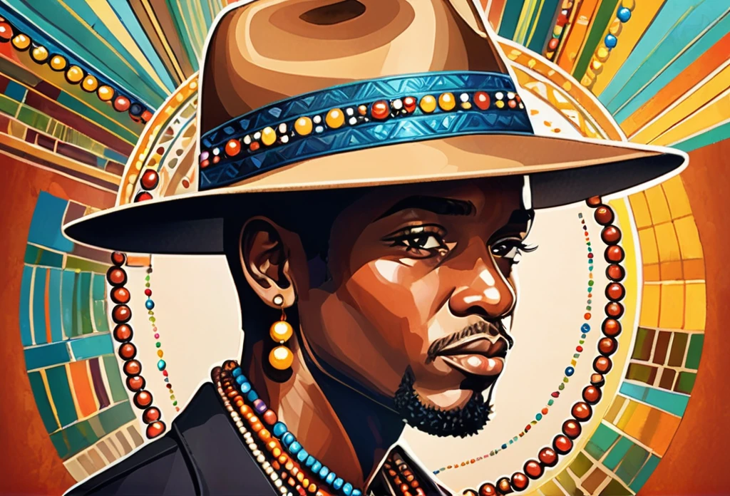 A man wearing fedora hat and beads
African (masterpiece best quality:1.2) delicate illustration ultra-detailed, illustrations, bright, colourful,